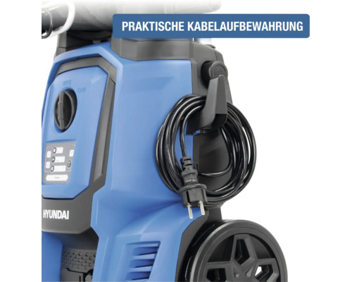 Nahaufnahme eines Hyundai Hochdruckreinigers mit integrierter Kabelaufbewahrung für das Stromkabel.