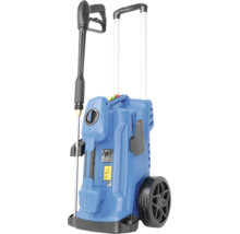 Blauer Hochdruckreiniger mit Rollen, ausziehbarem Griff und Sprühpistole.