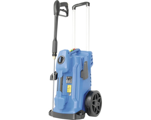 Blauer Hochdruckreiniger mit Rollen, ausziehbarem Griff und Sprühpistole.