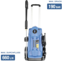 Blauer Hochdruckreiniger mit Teleskopgriff, Rädern und Sprühlanze, maximaler Druck 190 bar, maximaler Durchfluss 660 Liter pro Stunde.