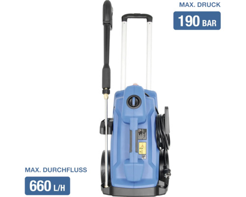 Blauer Hochdruckreiniger mit Teleskopgriff, Rädern und Sprühlanze, maximaler Druck 190 bar, maximaler Durchfluss 660 Liter pro Stunde.