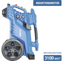 Blauer Hyundai Hochdruckreiniger mit 3100 Watt Induktionsmotor und Rädern.