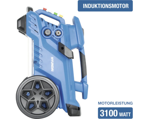 Blauer Hyundai Hochdruckreiniger mit 3100 Watt Induktionsmotor und Rädern.