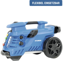 Blauer Hyundai Hochdruckreiniger mit Rollen, Tragegriff und seitlichen Düsen, flexibel einsetzbar.
