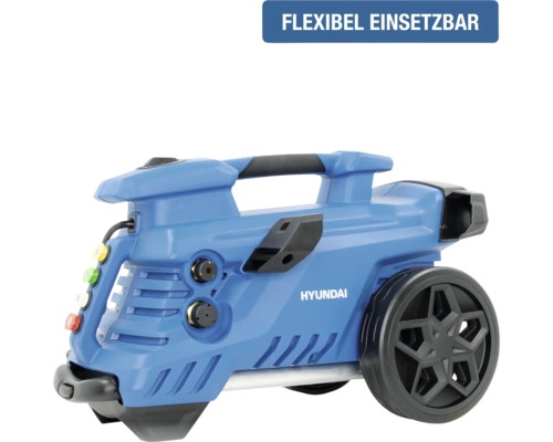 Blauer Hyundai Hochdruckreiniger mit Rollen, Tragegriff und seitlichen Düsen, flexibel einsetzbar.