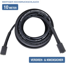 Hochdruckschlauch, 10 Meter lang, verdreh- und knicksicher, geeignet für bis zu 200 bar und 60 Grad Celsius.