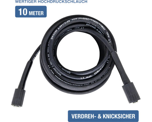 Hochdruckschlauch, 10 Meter lang, verdreh- und knicksicher, geeignet für bis zu 200 bar und 60 Grad Celsius.