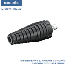 Turbodüse für Hochdruckreiniger mit schwarzer gerippter Oberfläche und Metallanschluss.