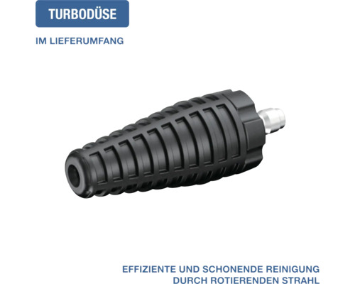 Turbodüse für Hochdruckreiniger mit schwarzer gerippter Oberfläche und Metallanschluss.
