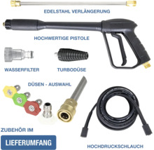 Zubehörset für Hochdruckreiniger mit Edelstahlverlängerung, Spritzpistole, Wasserfilter, Turbodüse, verschiedenen Düsen und Hochdruckschlauch.