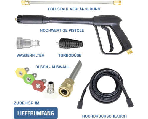 Zubehörset für Hochdruckreiniger mit Edelstahlverlängerung, Spritzpistole, Wasserfilter, Turbodüse, verschiedenen Düsen und Hochdruckschlauch.