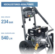 Hyundai Benzin-Hochdruckreiniger HYW3400P mit Hochleistungs-Axialpumpe, maximaler Druck 234 bar, maximaler Durchfluss 540 Liter pro Stunde.