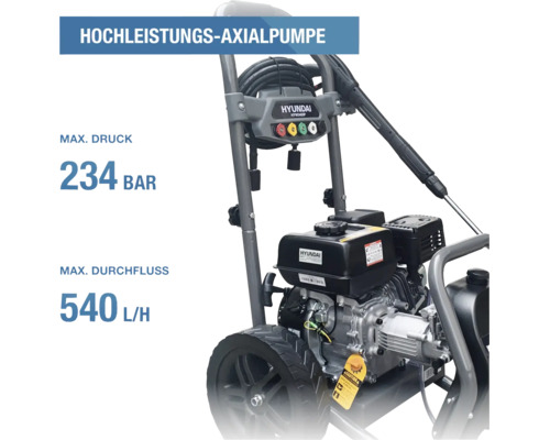 Hyundai Benzin-Hochdruckreiniger HYW3400P mit Hochleistungs-Axialpumpe, maximaler Druck 234 bar, maximaler Durchfluss 540 Liter pro Stunde.