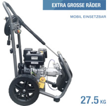Hyundai Benzin-Hochdruckreiniger mit großen Rädern für mobilen Einsatz, Gewicht 27,5 Kilogramm.