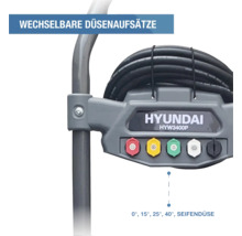 Hyundai Hochdruckreiniger HYW3400P mit Halterung für fünf wechselbare Düsenaufsätze für 0, 15, 25, 40 Grad und Seifendüse sowie Schlauchhalterung.