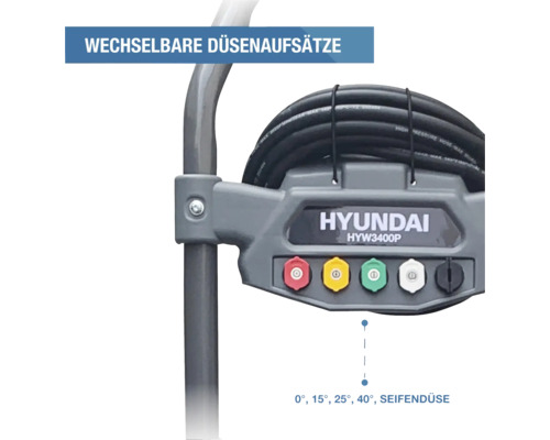 Hyundai Hochdruckreiniger HYW3400P mit Halterung für fünf wechselbare Düsenaufsätze für 0, 15, 25, 40 Grad und Seifendüse sowie Schlauchhalterung.