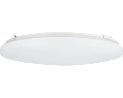 Runde, flache LED-Deckenleuchte aus Kunststoff.