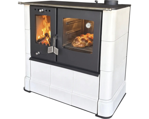 Holzherd mit Backfach und Sichtfenster, Kachelofen Design für gemütliche Atmosphäre und zum Backen.