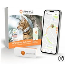 Weenect GPS-Tracker für Katzen, XS White Edition mit Verpackung und Smartphone-App zur Ortung. (Image AI modified or generated)