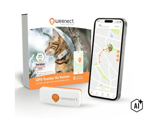 Weenect GPS-Tracker für Katzen, XS White Edition mit Verpackung und Smartphone-App zur Ortung. (Image AI modified or generated)