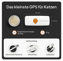 Weenect GPS-Tracker für Katzen mit Größenvergleich zu einer Zwei-Euro-Münze und dem Lieferumfang: elastisches Halsband, Silikonhülle und Ladekabel.