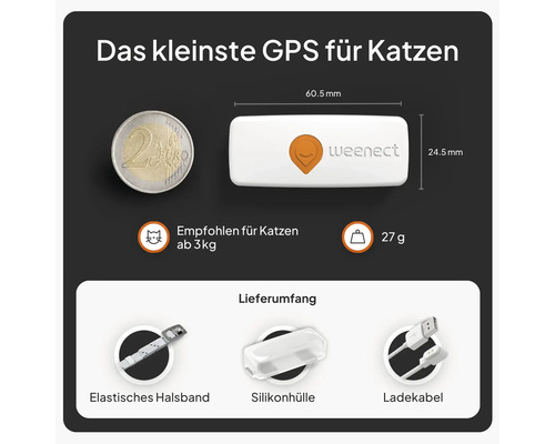 Weenect GPS-Tracker für Katzen mit Größenvergleich zu einer Zwei-Euro-Münze und dem Lieferumfang: elastisches Halsband, Silikonhülle und Ladekabel.