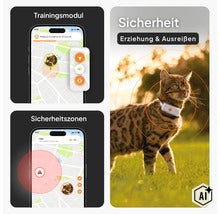 Infografik zu Katzen-GPS-Tracker mit App-Funktionen wie Trainingsmodul, Sicherheitszonen und Ortung der Katze im Freien. (Image AI modified or generated)