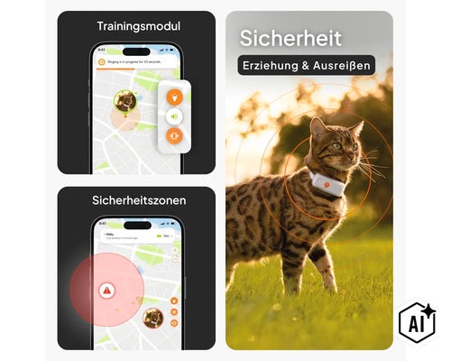 Infografik zu Katzen-GPS-Tracker mit App-Funktionen wie Trainingsmodul, Sicherheitszonen und Ortung der Katze im Freien. (Image AI modified or generated)