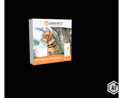Verpackung des Weenect GPS-Trackers für Katzen mit einer Abbildung einer Katze mit Halsband-Tracker und einem Smartphone. (Image AI modified or generated)