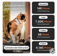 Übersicht der Abonnement-Preise für den Katzen-Tracker mit Tarifen von monatlich bis zu fünf Jahren und 30 Tage Geld-zurück-Garantie. (Image AI modified or generated)