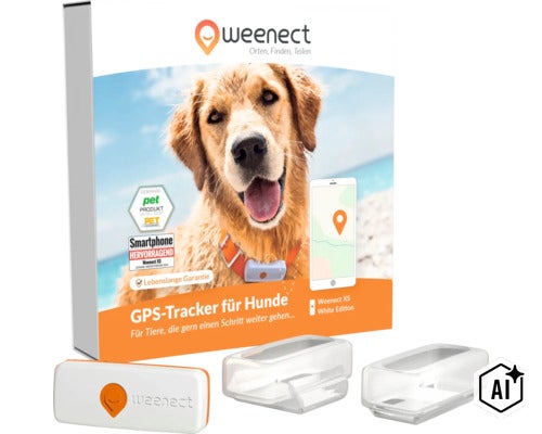 Weenect XS GPS-Tracker für Hunde White Edition mit Verpackung, Tracker-Einheit und zwei transparenten Halterungen. (Image AI modified or generated)