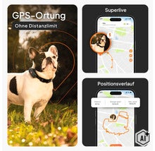 Infografik für GPS-Tracker für Hunde mit Darstellung von Live-Ortung und Positionsverlauf auf einer Smartphone-App. (Image AI modified or generated)