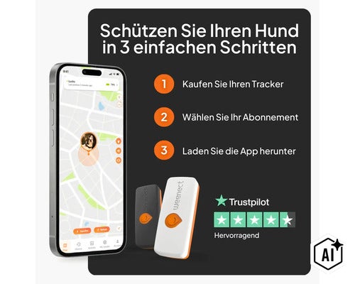 Infografik für den Weenect GPS-Tracker für Hunde mit Smartphone-App und einer dreischrittigen Anleitung zur Einrichtung. (Image AI modified or generated)
