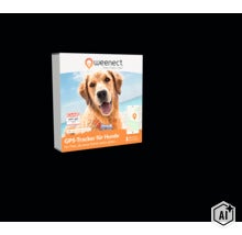 Weenect GPS-Tracker für Hunde Produktverpackung mit Abbildung eines Hundes und einem Smartphone mit Ortungskarte. (Image AI modified or generated)