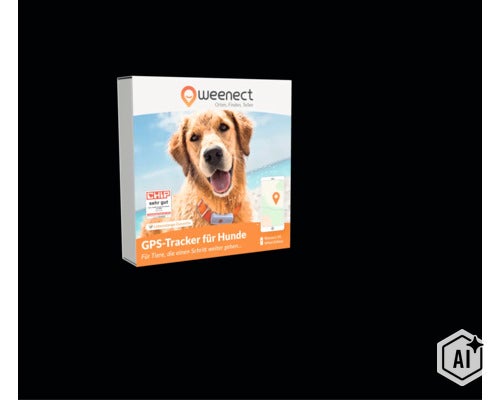 Weenect GPS-Tracker für Hunde Produktverpackung mit Abbildung eines Hundes und einem Smartphone mit Ortungskarte. (Image AI modified or generated)