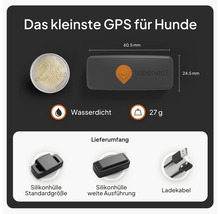Weenect GPS für Hunde: 60,5 mal 24,5 Millimeter, 27 Gramm, wasserdicht. Lieferumfang mit zwei Silikonhüllen und Ladekabel.