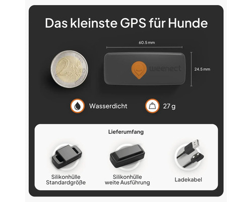 Weenect GPS für Hunde: 60,5 mal 24,5 Millimeter, 27 Gramm, wasserdicht. Lieferumfang mit zwei Silikonhüllen und Ladekabel.