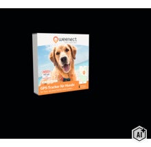 Weenect GPS-Tracker für Hunde Produktverpackung mit Abbildung eines Hundes und Smartphone App (Image AI modified or generated)