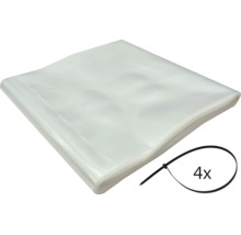 4 transparente Kunststoffsäcke inklusive 4 Kabelbindern, zusammengelegt.