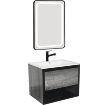 Badezimmermöbel Set mit Waschtischunterschrank, Waschtisch, Armatur und LED Spiegel