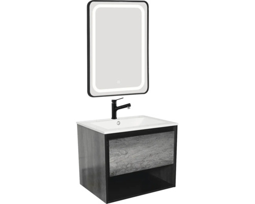 Badezimmermöbel Set mit Waschtischunterschrank, Waschtisch, Armatur und LED Spiegel