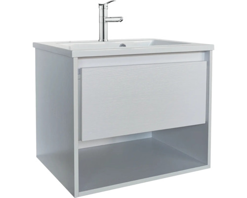 Waschtisch mit Unterschrank und Armatur, mit einer Schublade und offenem Fach, moderne Badezimmermöbel