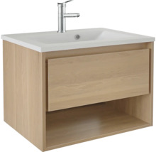 Waschtisch mit Waschtischunterschrank aus Holz mit einer Schublade und offenem Fach sowie integrierter Armatur.