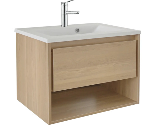 Waschtisch mit Waschtischunterschrank aus Holz mit einer Schublade und offenem Fach sowie integrierter Armatur.