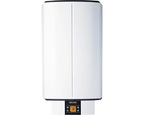 Weißer elektronischer Wand-Warmwasserspeicher von Stiebel Eltron mit digitaler Anzeige für 30 Grad Celsius und Eco-Modus.