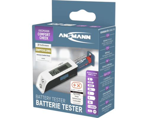 Ansmann Comfort Check Batterietester in der Originalverpackung zur Messung verschiedener Batterietypen und Akkus.
