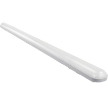Lange, flache LED-Feuchtraumleuchte mit abgerundeter weißer Kunststoffabdeckung und grauem Gehäuse.