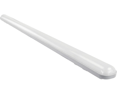 Lange, flache LED-Feuchtraumleuchte mit abgerundeter weißer Kunststoffabdeckung und grauem Gehäuse.
