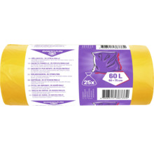 Gelbe Rakkuun Müllbeutel, 25 Stück pro Rolle, 60 Liter, 60 mal 75 Zentimeter.