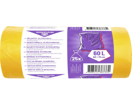 Gelbe Rakkuun Müllbeutel, 25 Stück pro Rolle, 60 Liter, 60 mal 75 Zentimeter.